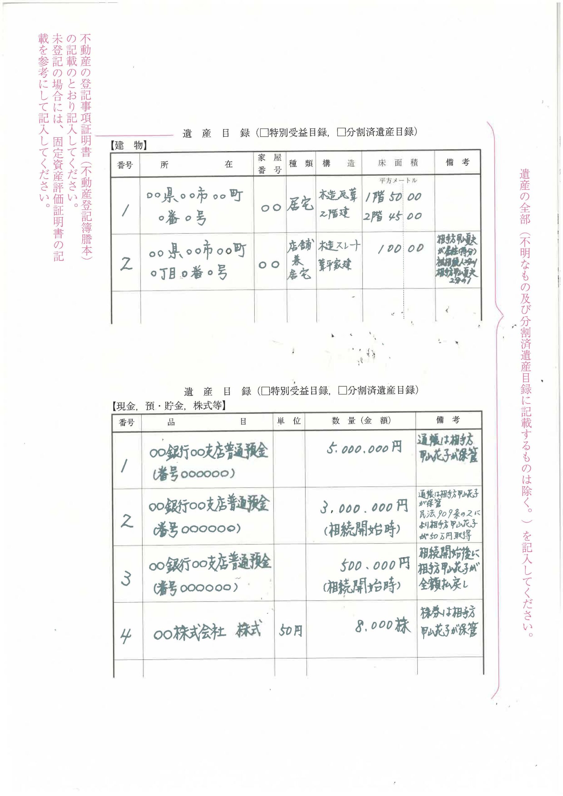 遺産目録の記載例